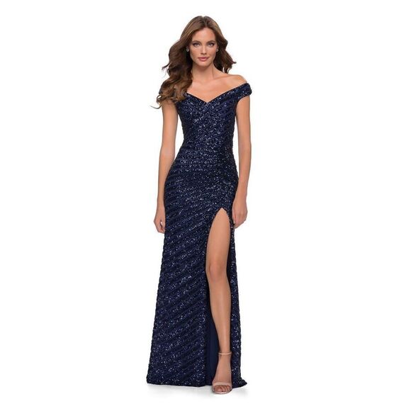 La Femme Sequin Stripe Off the Shoulder Gown size 2 - Picture 1 of 9